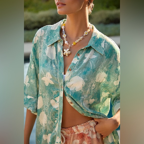 BY ANTHROPOLOGIE SHORT SLEEVE PRINTED LINEN BUTTON DOWN SHIRT SIZE XS - Picture 2 of 16